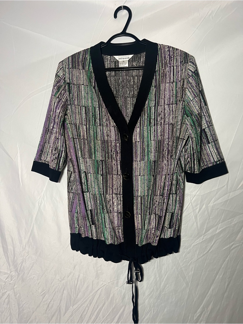 Misook Metallic Stripe Knit Cardigan - Black, Purple & Green